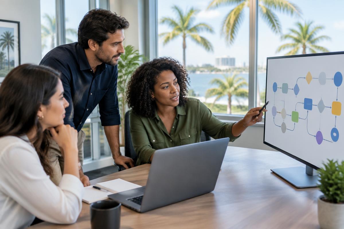 Small business team in a bright Boca Raton office reviewing an AI-driven workflow on a large monitor