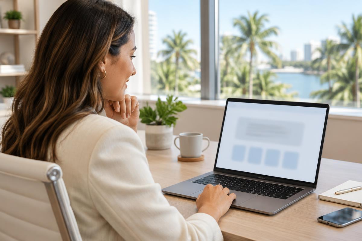Boca Raton business owner reviewing a laptop showing an AI assistant answer with cited website sources in a bright office
