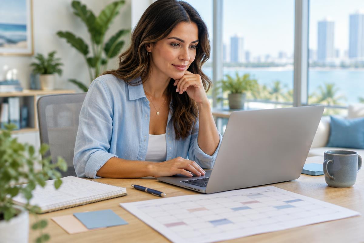 Boca Raton business owner planning a content marketing calendar with articles, videos and emails on a laptop in a bright office