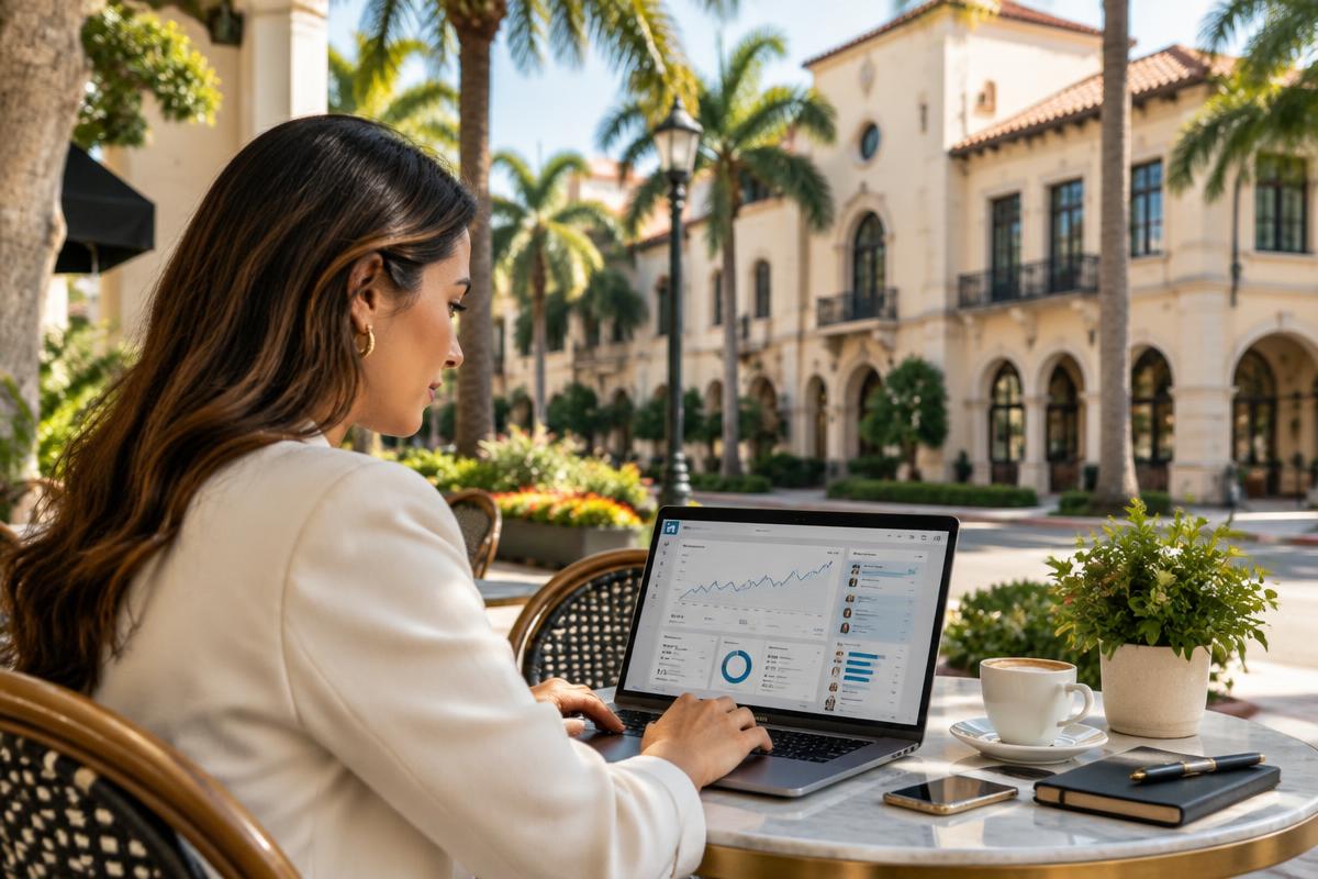 Professional reviewing B2B marketing results on a laptop