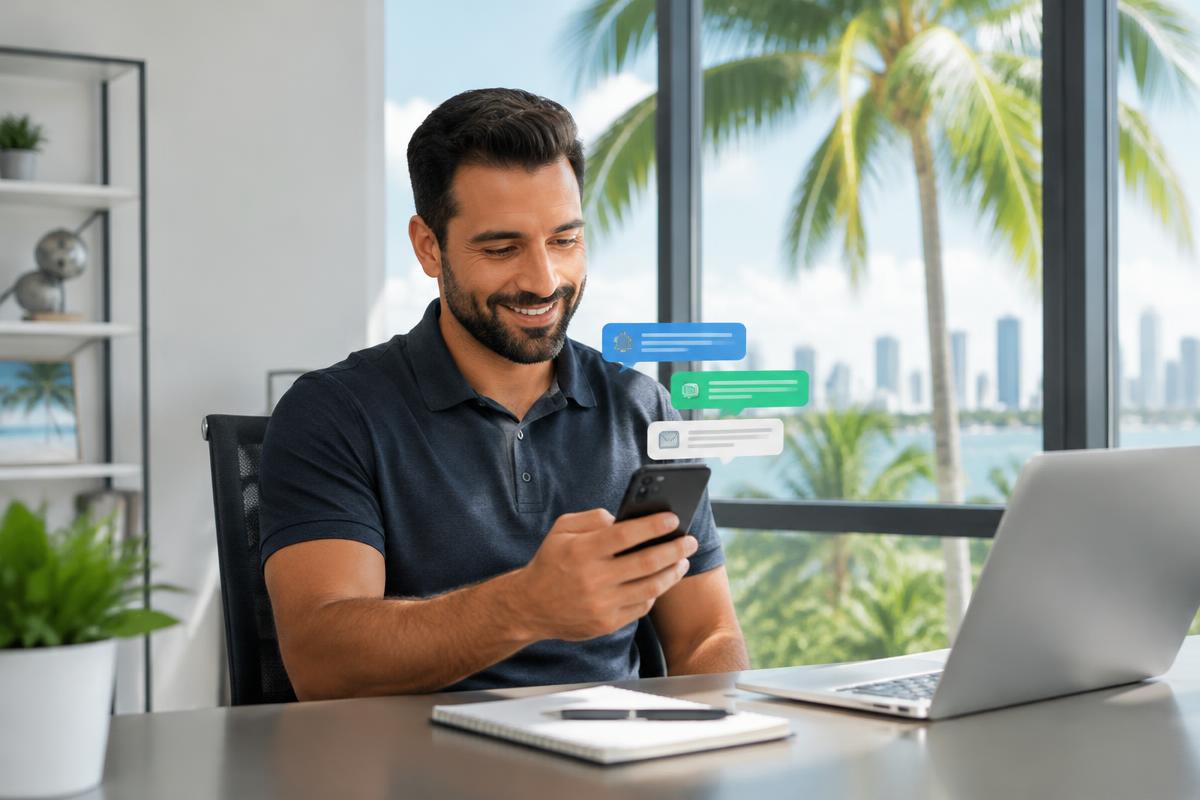 Boca Raton service business owner reviewing social media lead notifications on a phone in a bright office